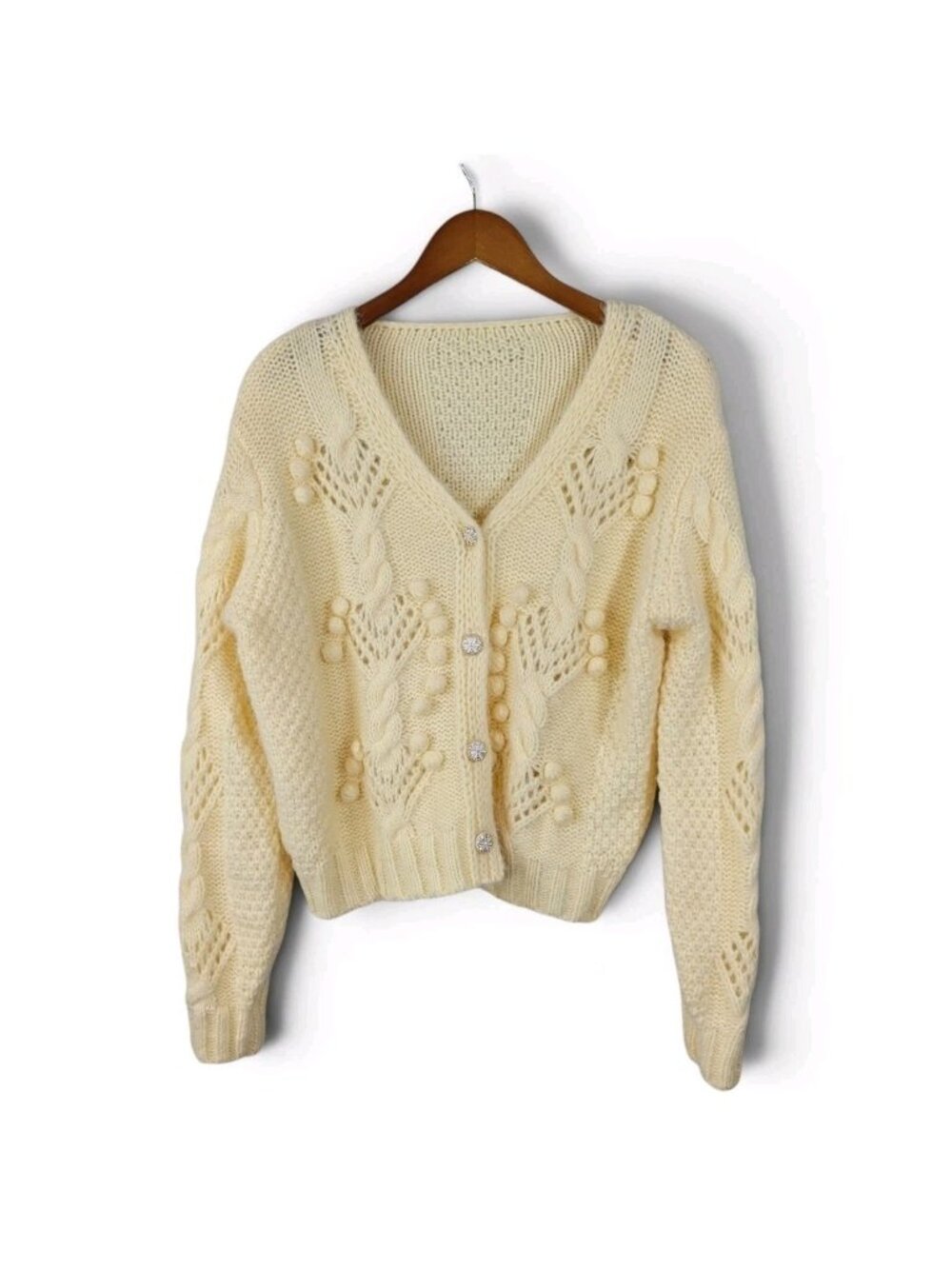 Hand Made Cardigan Sweater Size Medium Large Cable Knit Wool Blend Butter Yellow